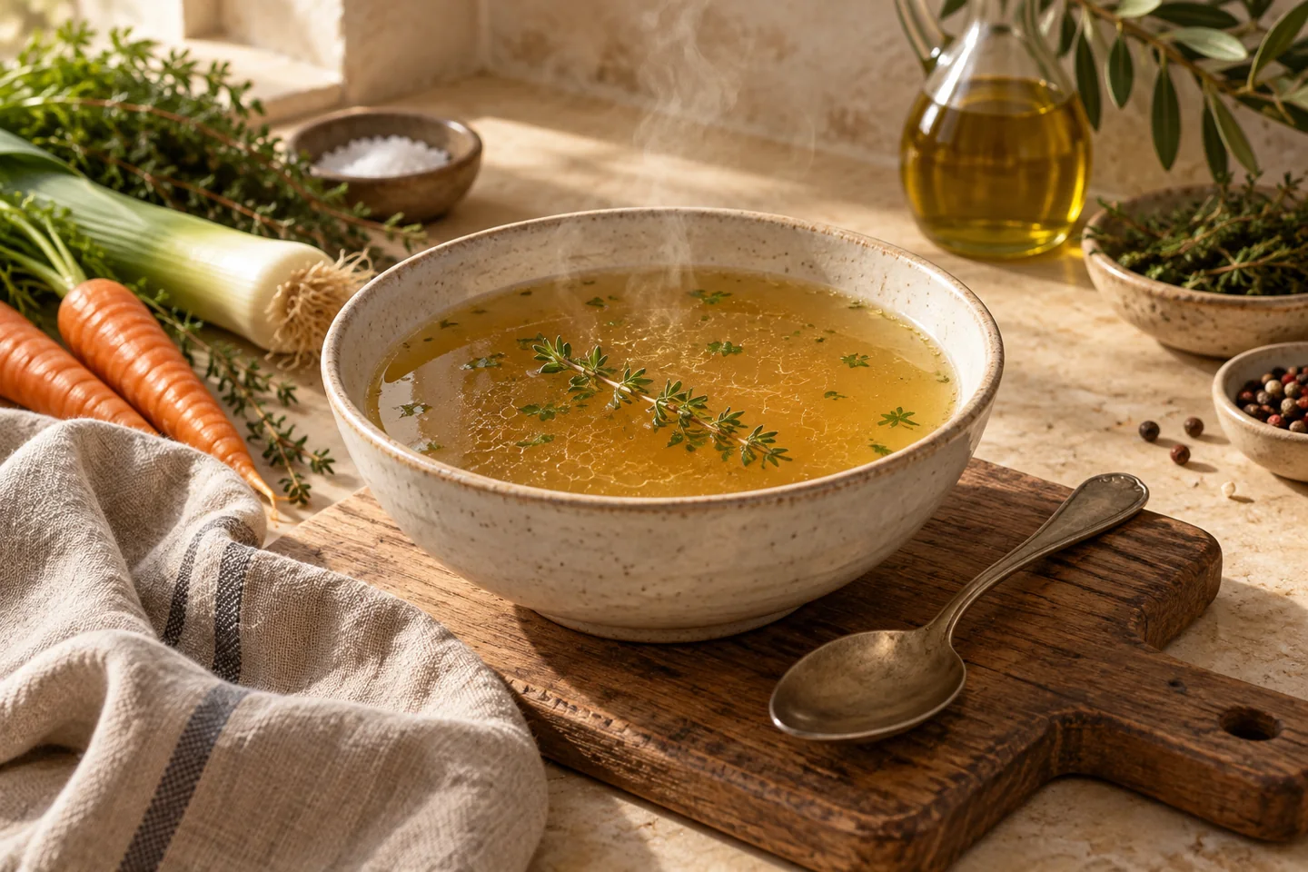 Tazón de caldo ámbar junto a verduras y tomillo