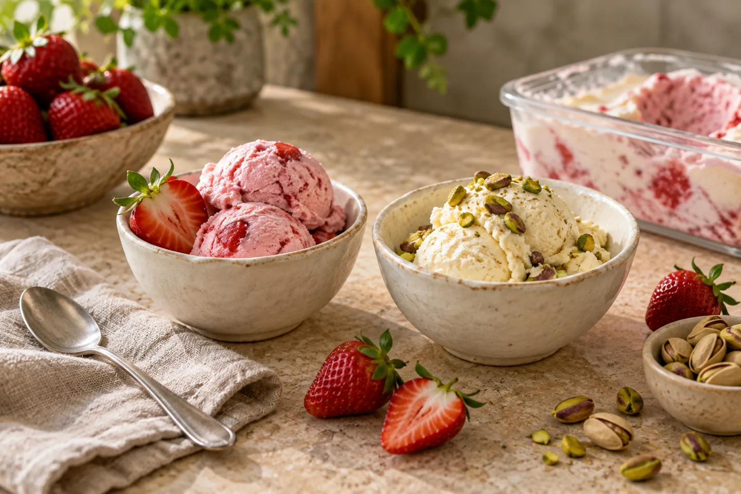 Dos cuencos de helado de fresa y vainilla con fruta y pistachos