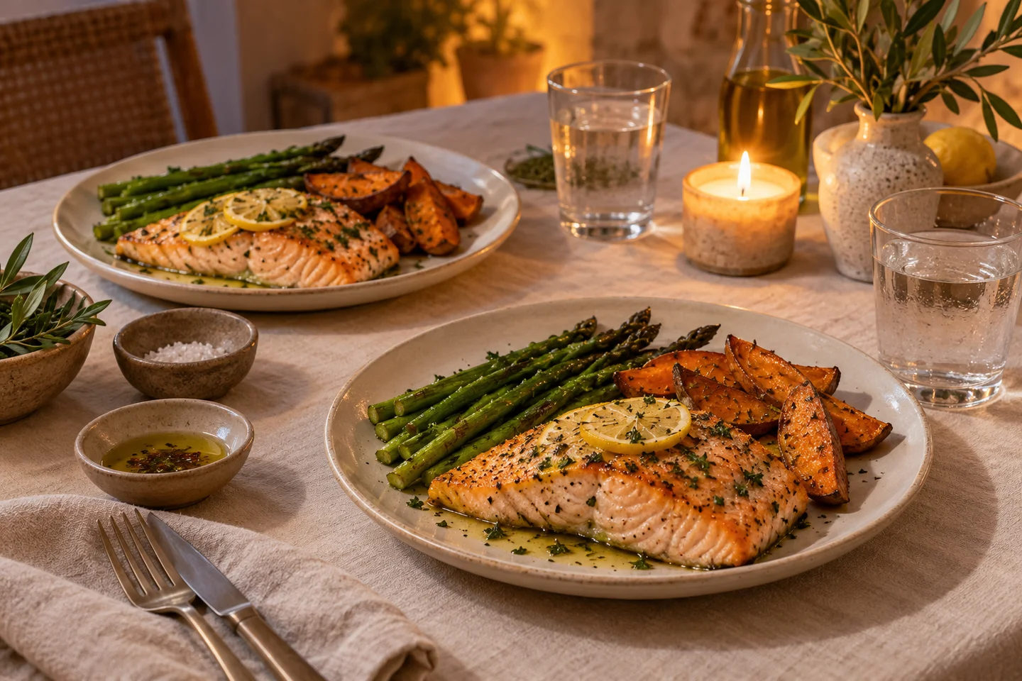 Dos platos de salmón al limón con espárragos y boniato en una mesa iluminada por una vela