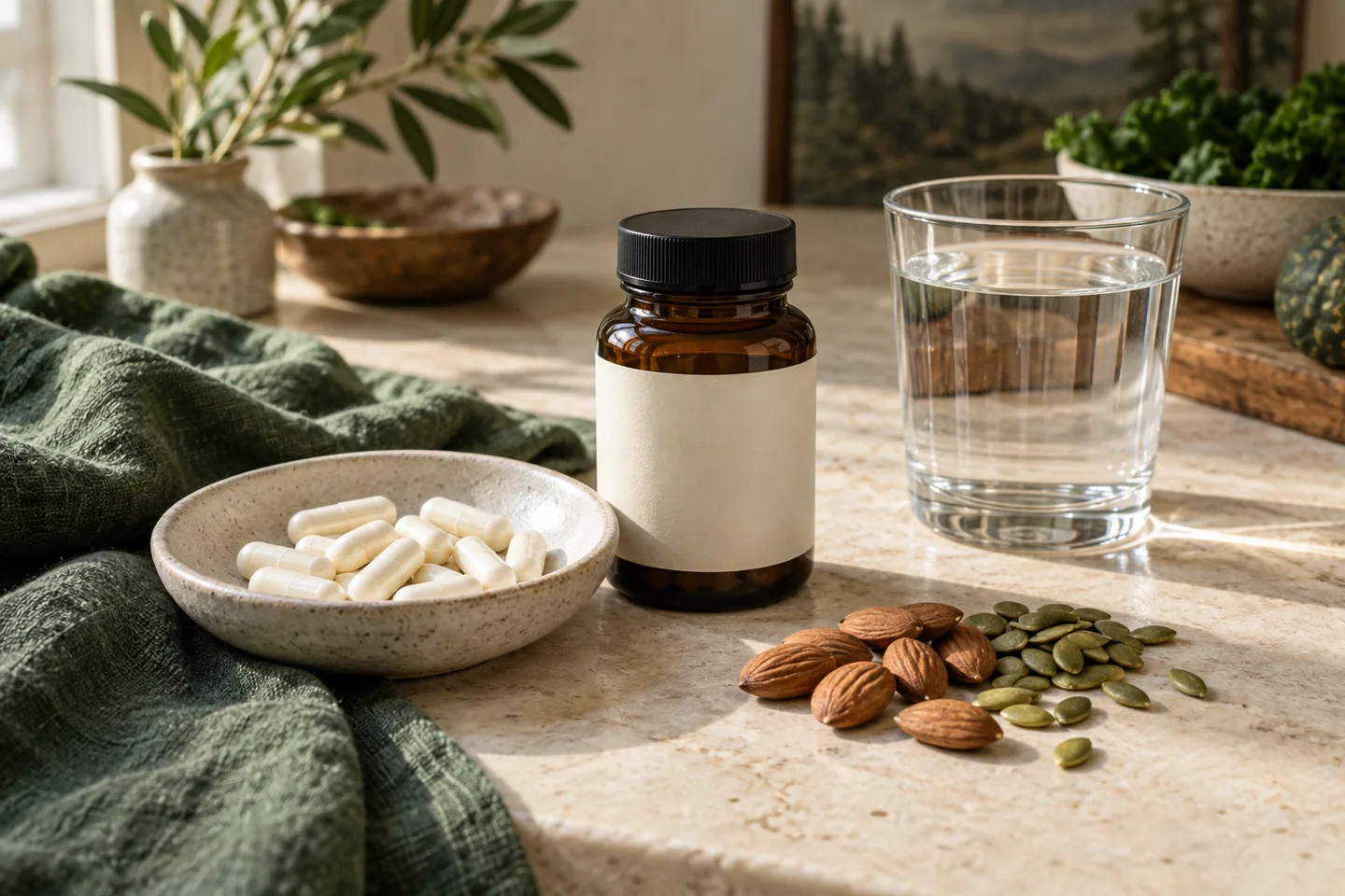 Cápsulas, un vaso de agua, almendras y semillas sobre una mesa